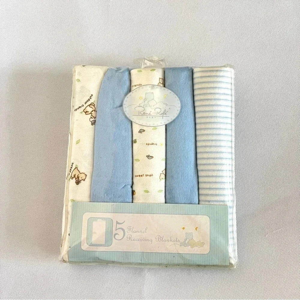 Vintage Rene Rofe Baby 5 Flannel receiving Blankets Blue Multi Bear Print